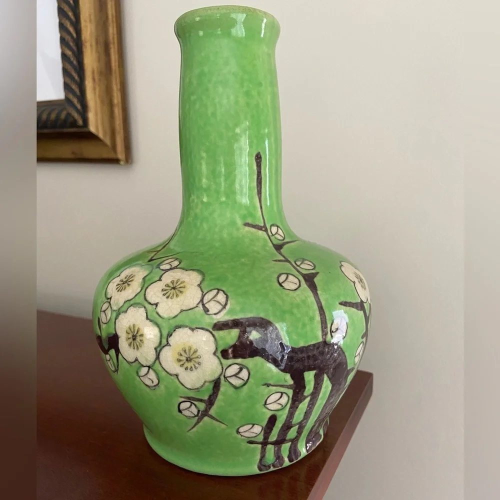 Vintage Green Floral Sakura Cherry Blossom Ceramic Vase Made In Japan Beautiful